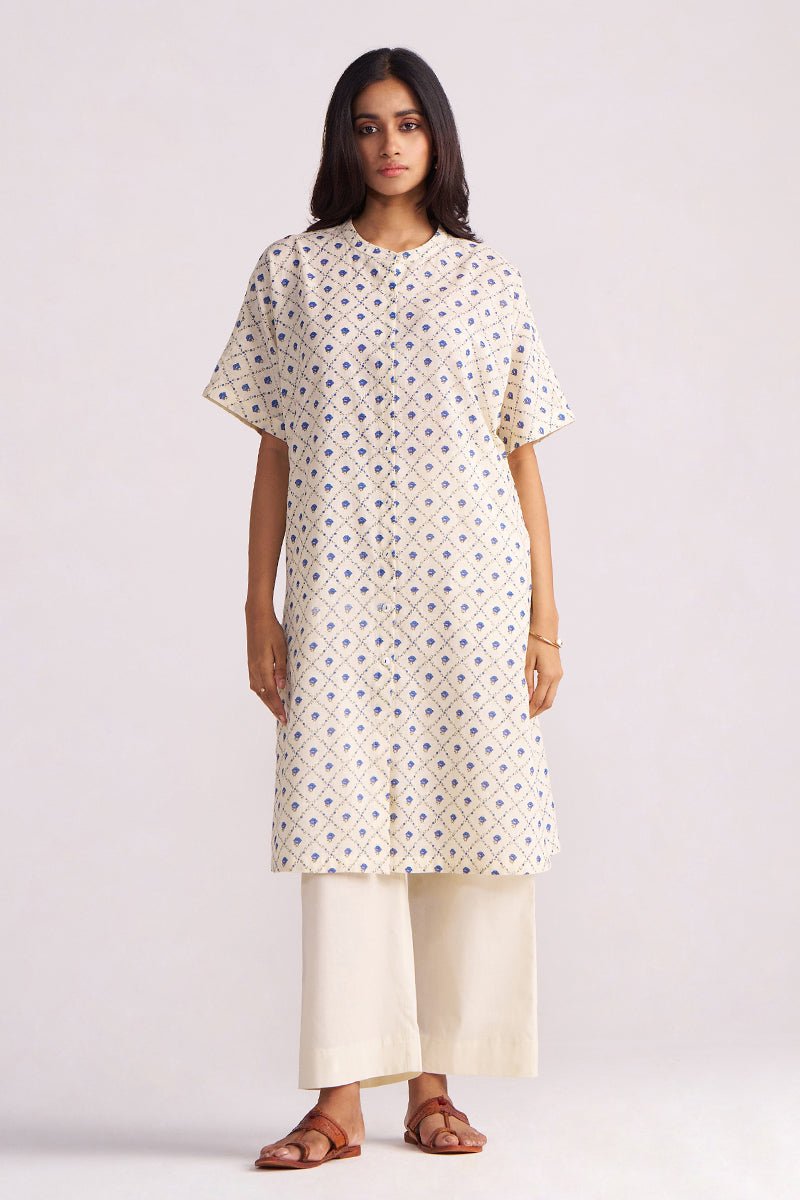 Cream and Blue Small Flower Hand-Print Cotton Linen Co-ord Set