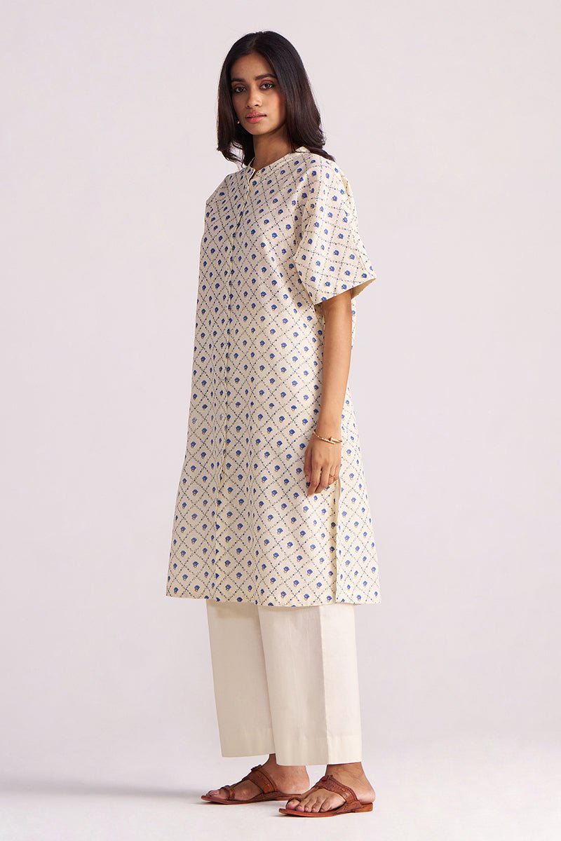 Cream and Blue Small Flower Hand-Print Cotton Linen Co-ord Set