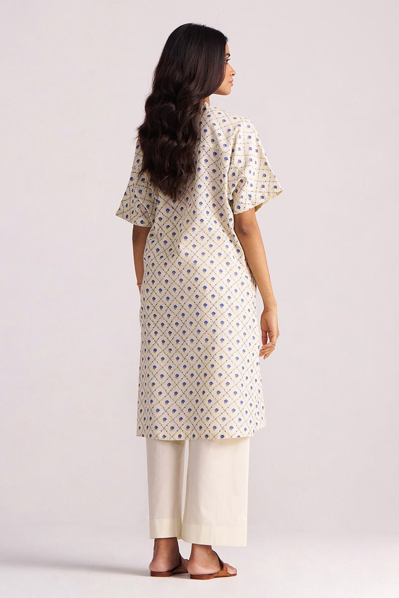 Cream and Blue Small Flower Hand-Print Cotton Linen Co-ord Set