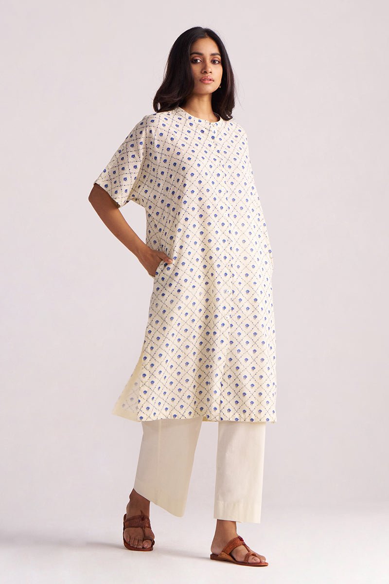 Cream and Blue Small Flower Hand-Print Cotton Linen Co-ord Set