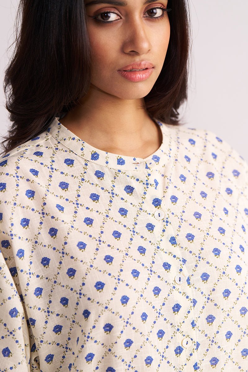 Cream and Blue Small Flower Hand-Print Cotton Linen Co-ord Set