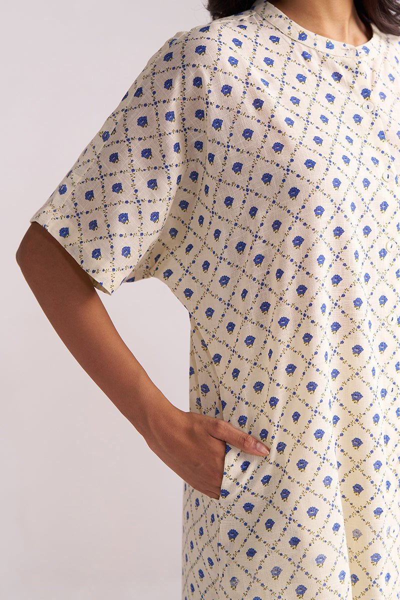 Cream and Blue Small Flower Hand-Print Cotton Linen Co-ord Set