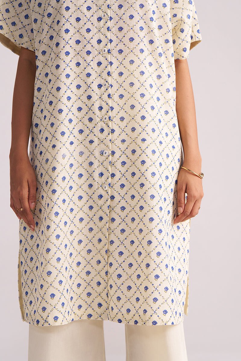 Cream and Blue Small Flower Hand-Print Cotton Linen Co-ord Set