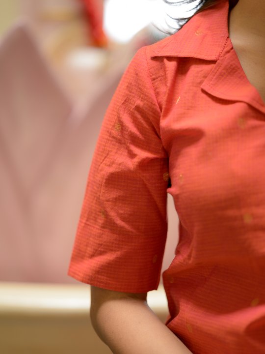 handloom cotton suit set with gold woven buttas in orange & pink