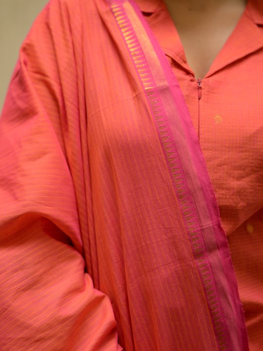 handloom cotton suit set with gold woven buttas in orange & pink