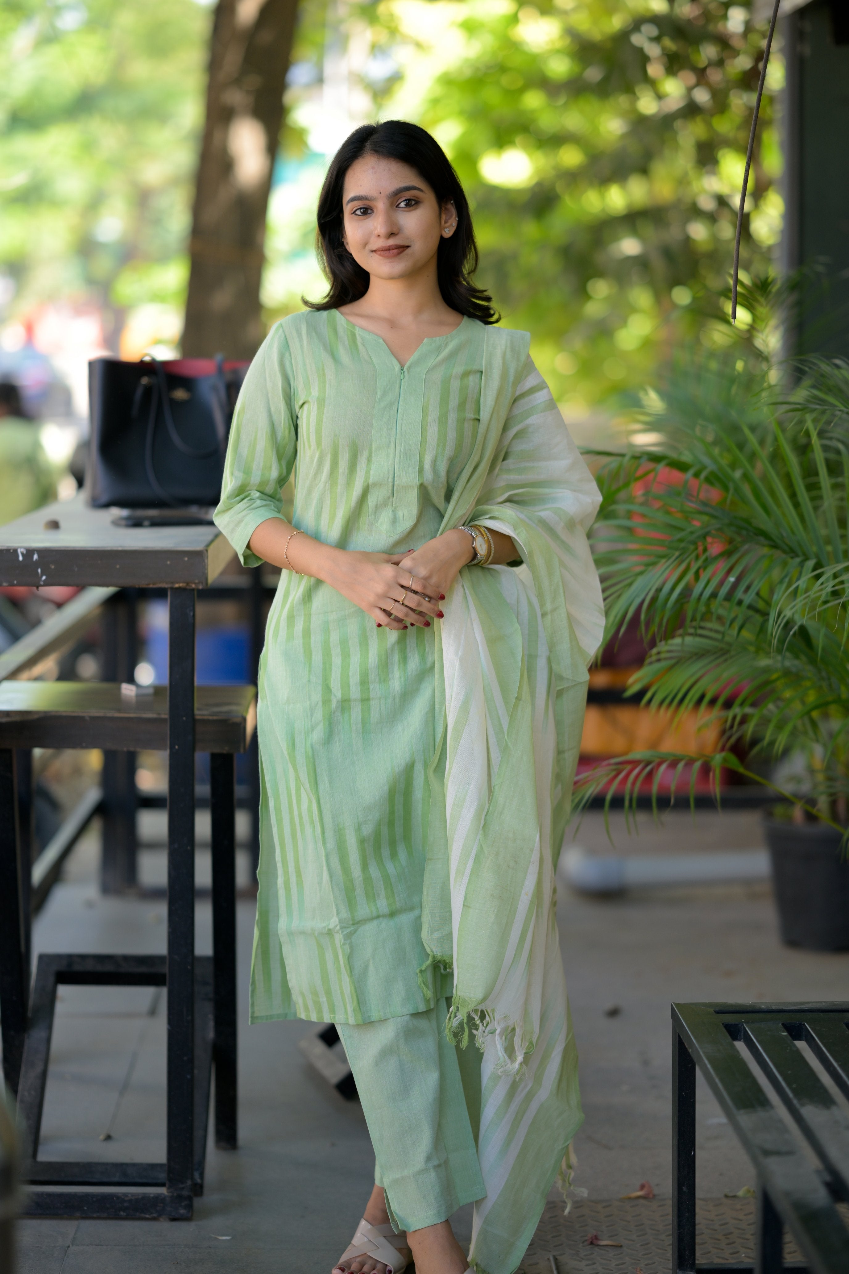 handloom cotton suit set with dupatta in green colour