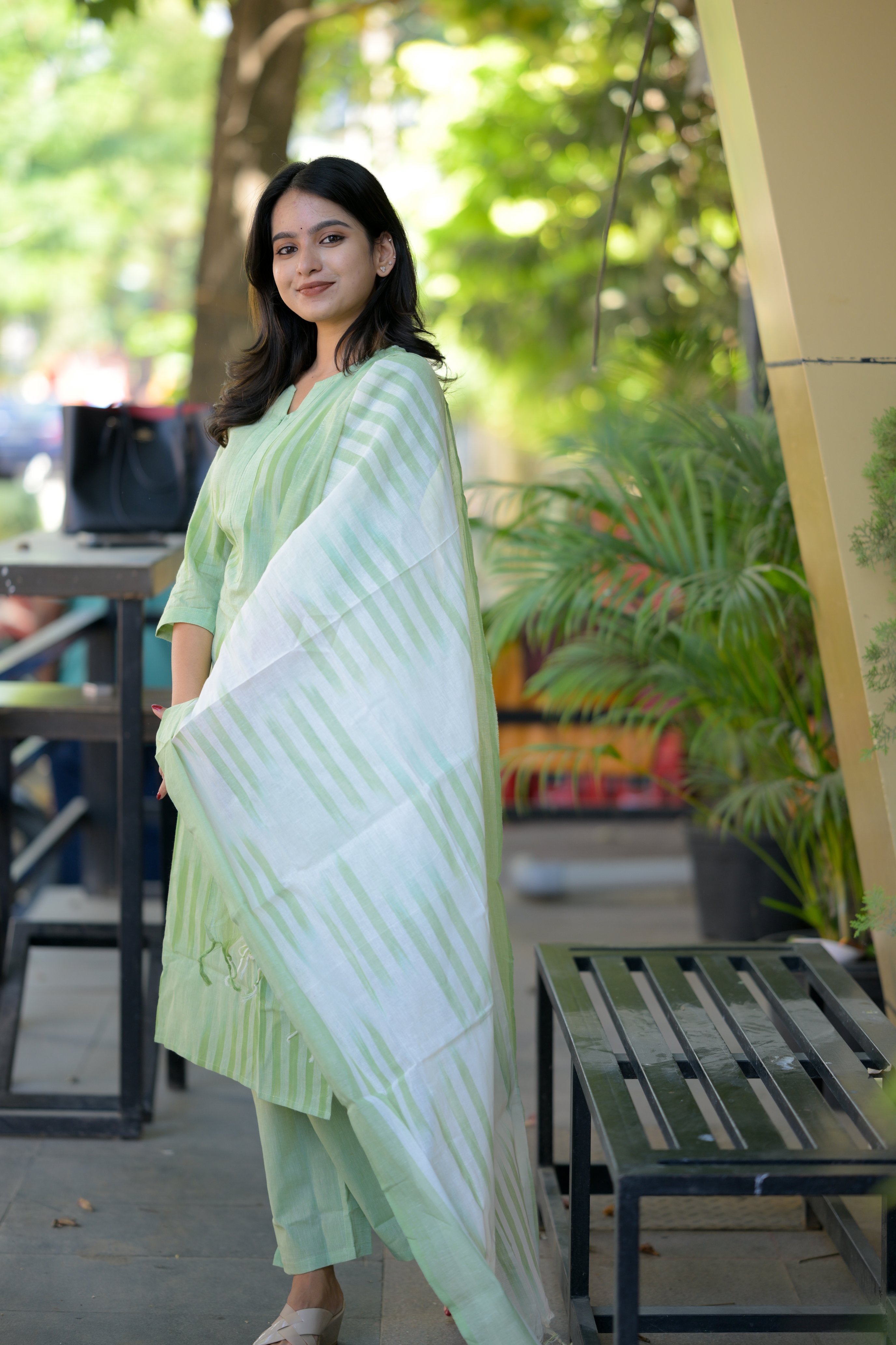 handloom cotton suit set with dupatta in green colour