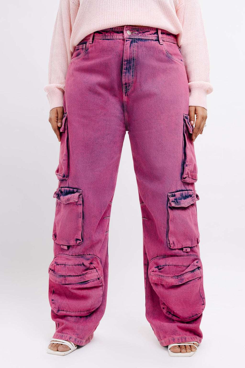 Curve Pink Baggy Straight Cargo Jeans