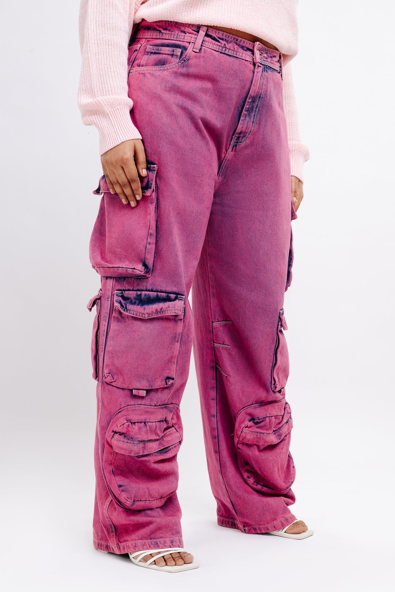 Curve Pink Baggy Straight Cargo Jeans