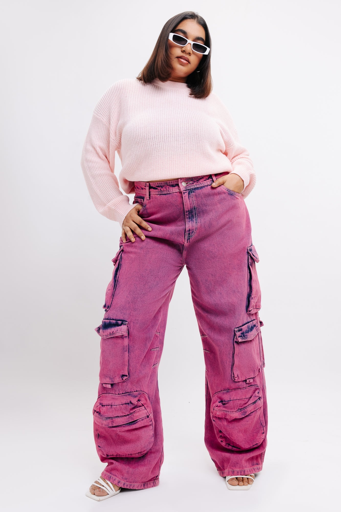 Curve Pink Baggy Straight Cargo Jeans