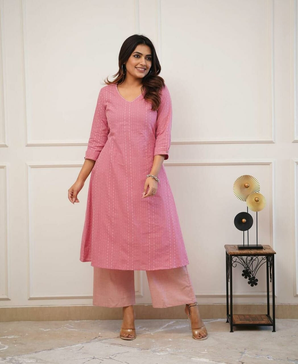 Dusty Pink Katha Cotton Kurta and Cotton Pant Set