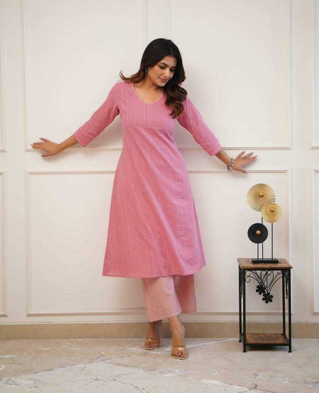 Dusty Pink Katha Cotton Kurta and Cotton Pant Set