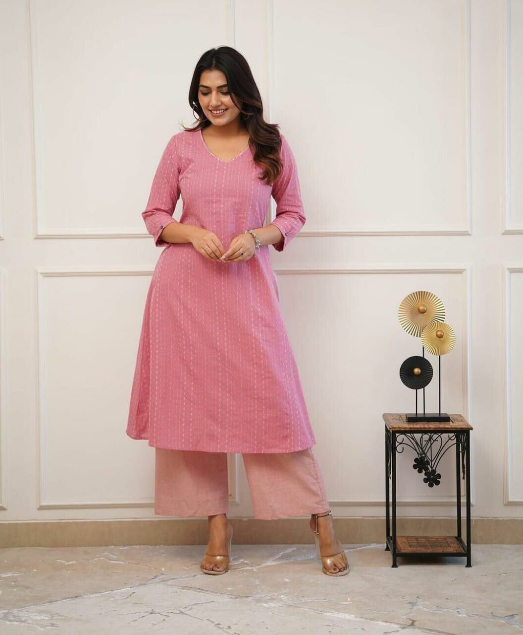 Dusty Pink Katha Cotton Kurta and Cotton Pant Set