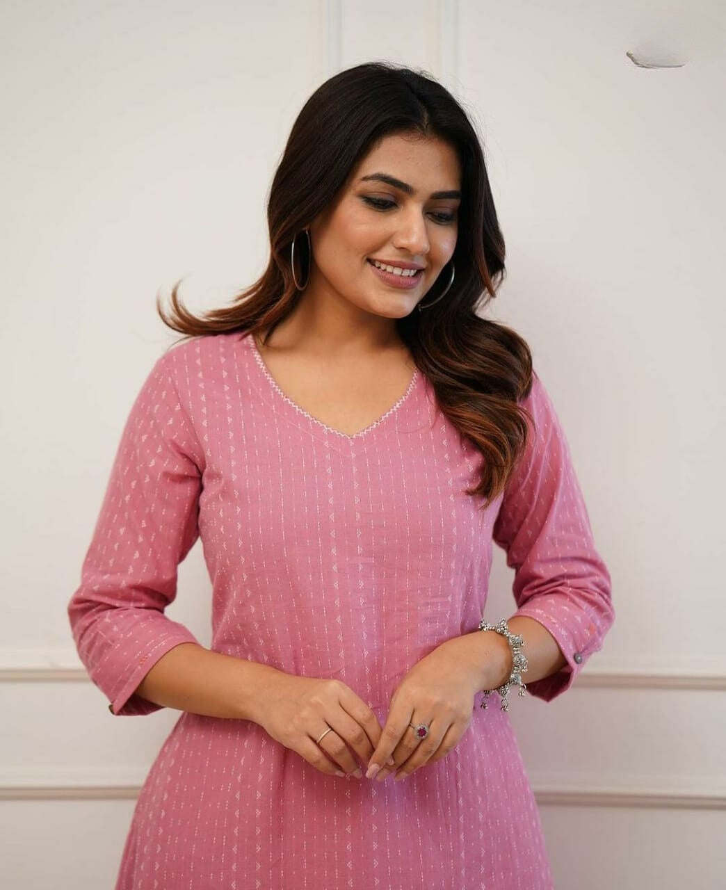 Dusty Pink Katha Cotton Kurta and Cotton Pant Set