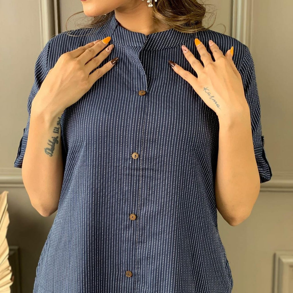 Navy Blue Katha Cotton Kurta and Palazzo Set