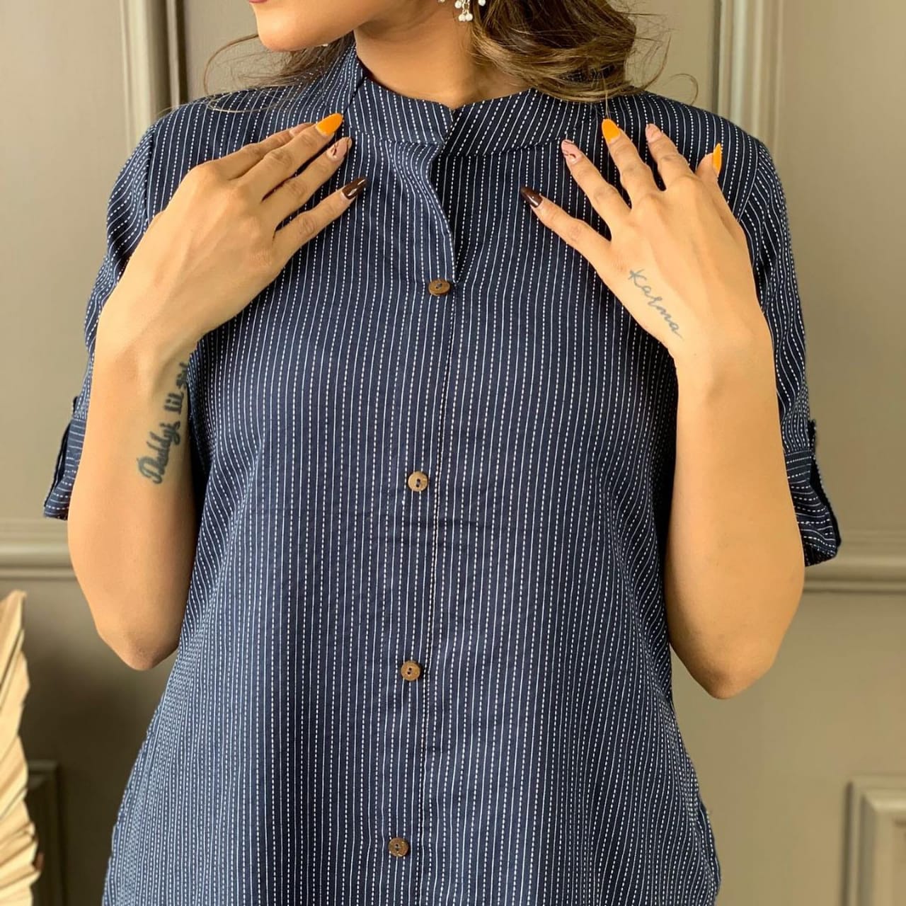 Navy Blue Katha Cotton Kurta and Palazzo Set