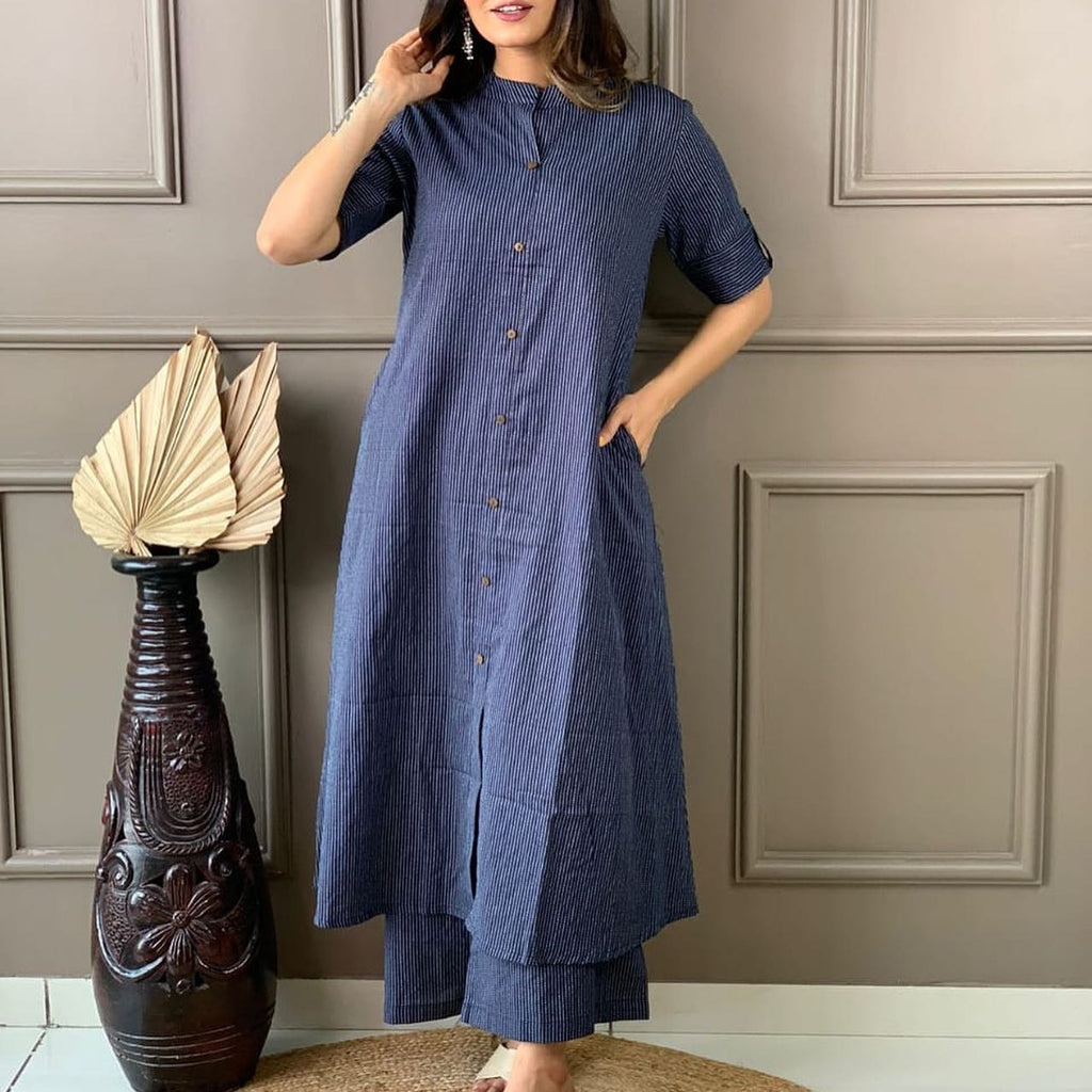 Navy Blue Katha Cotton Kurta and Palazzo Set