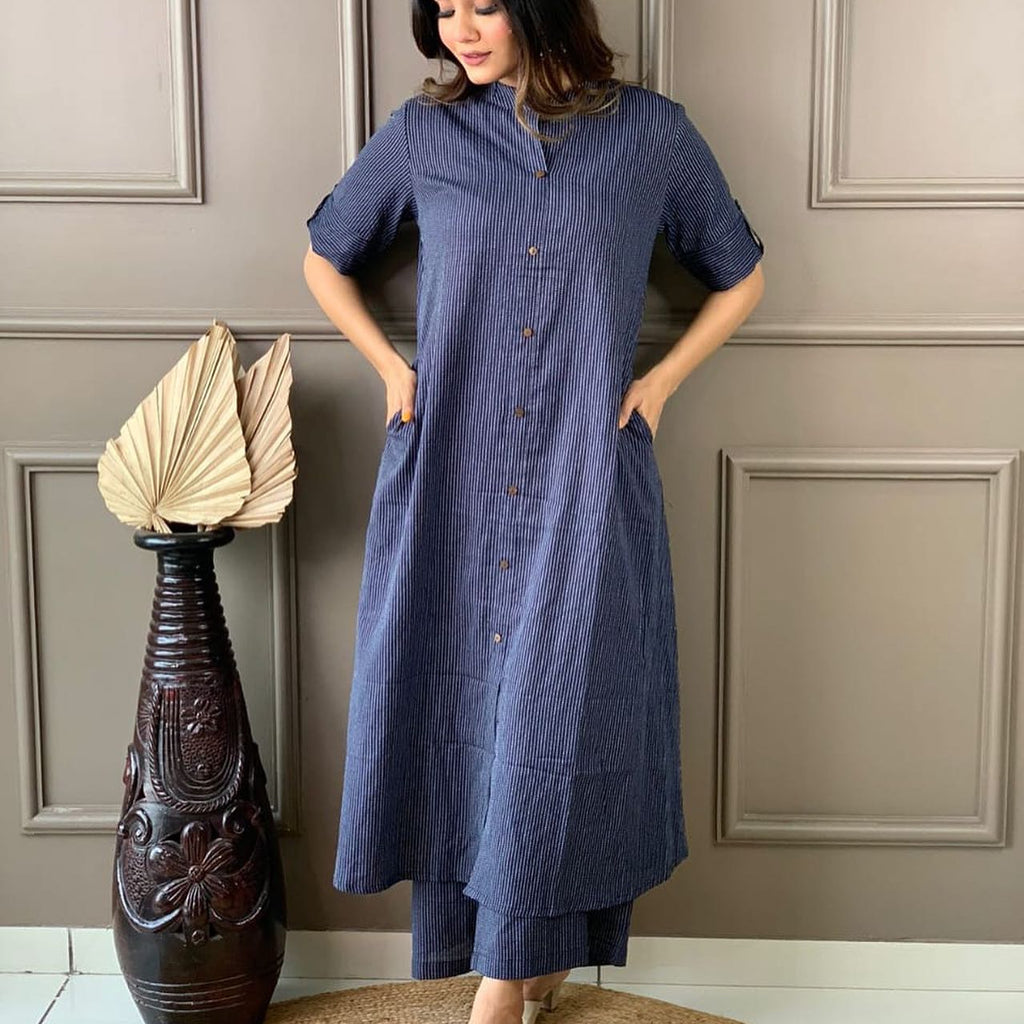 Navy Blue Katha Cotton Kurta and Palazzo Set