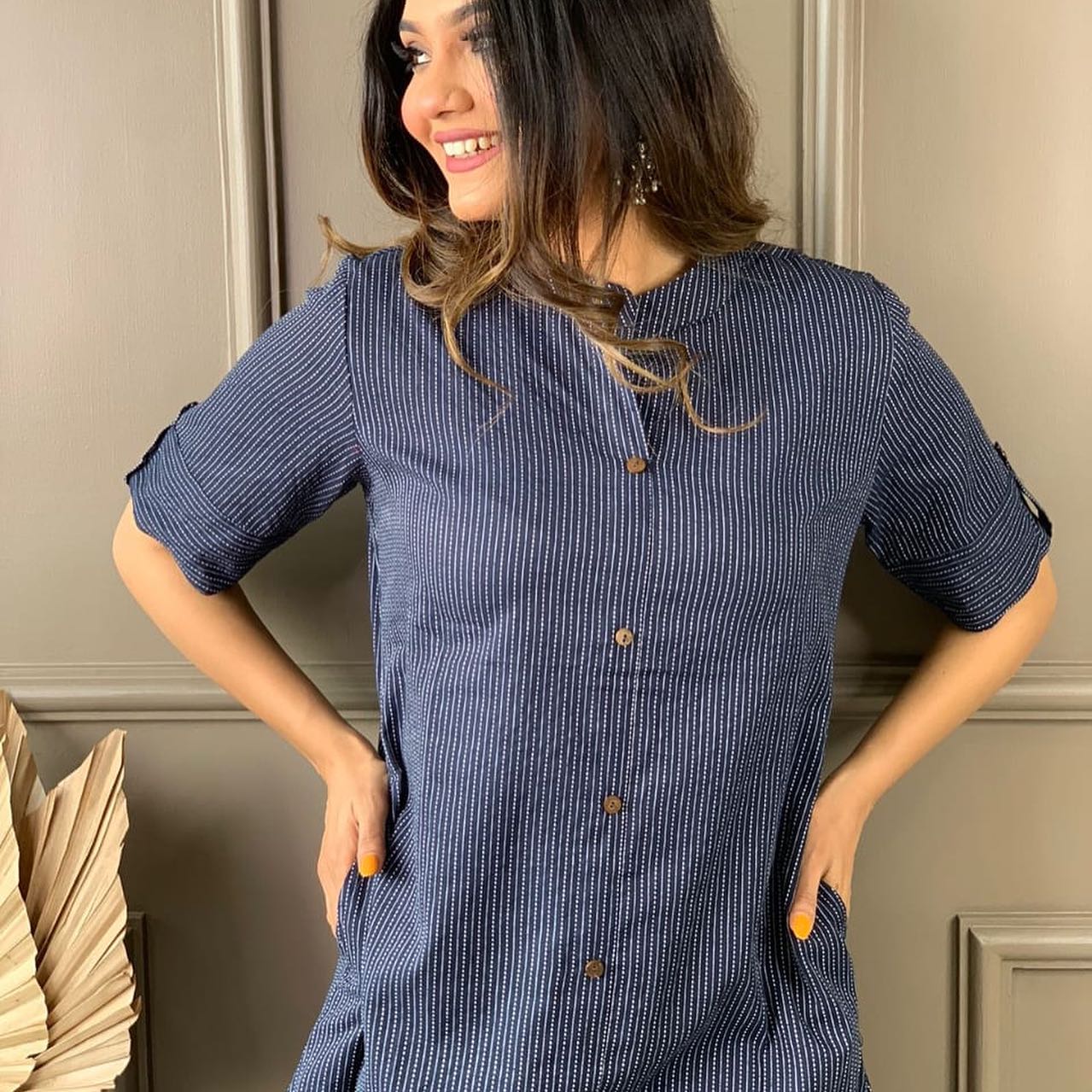 Navy Blue Katha Cotton Kurta and Palazzo Set