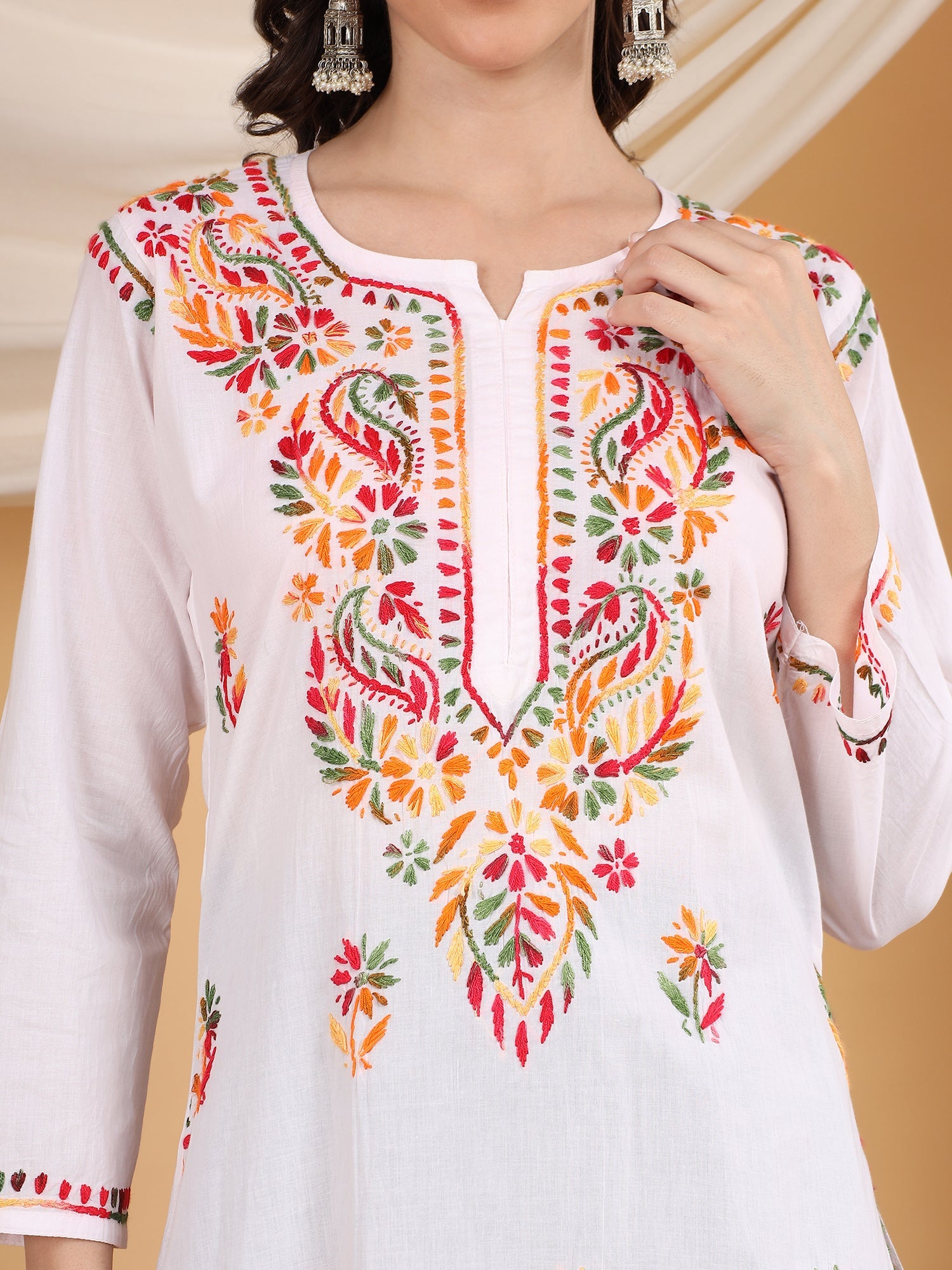 Isha Chikankari White Multi Cotton Straight Kurta