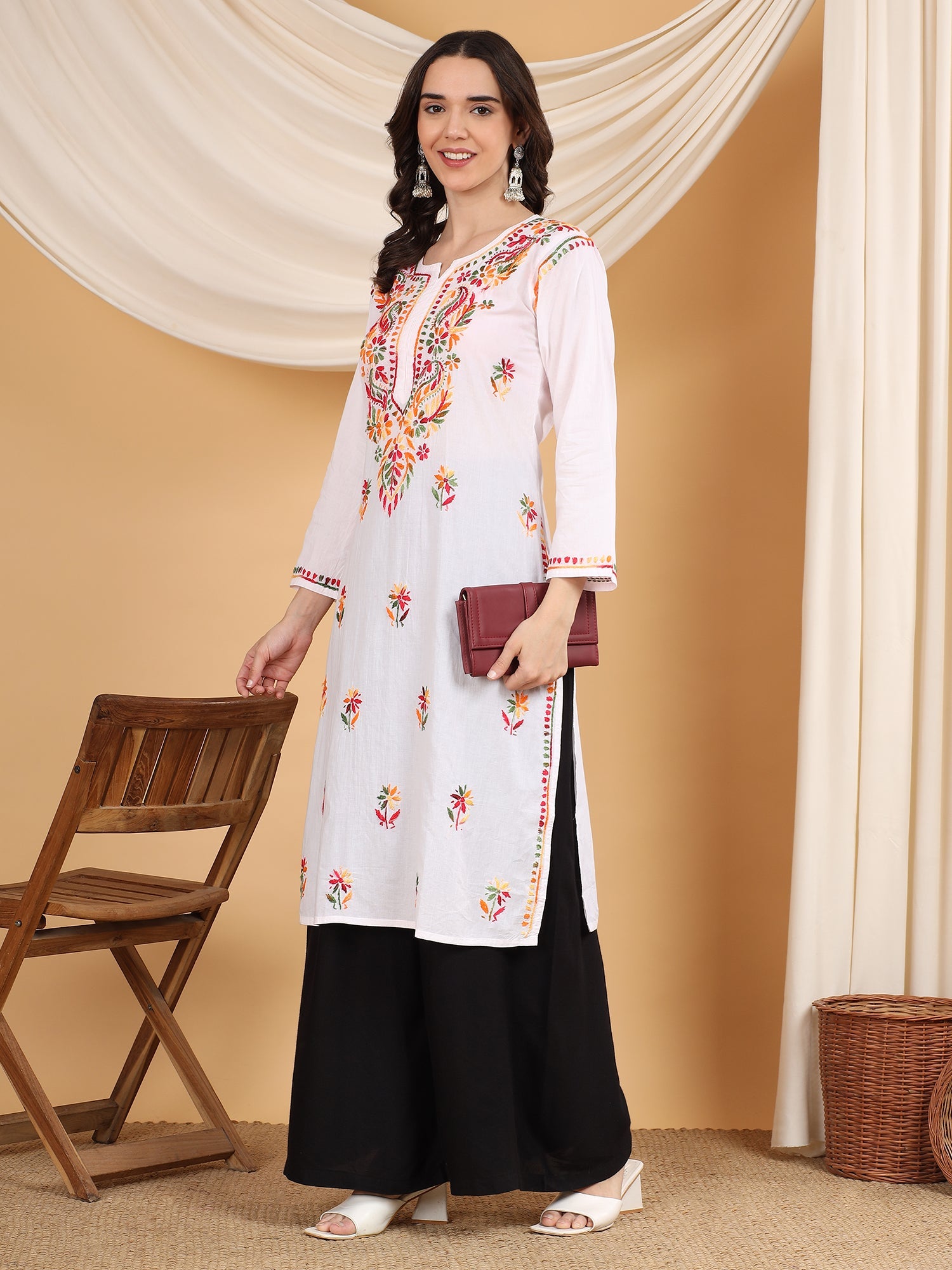 Isha Chikankari White Multi Cotton Straight Kurta