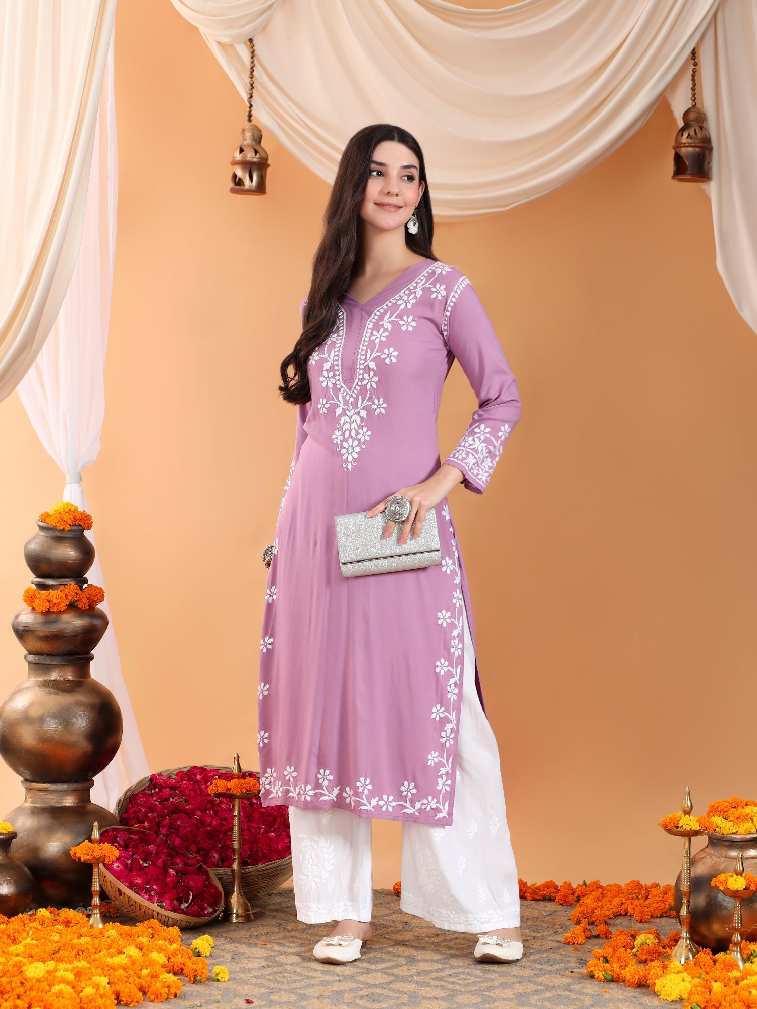 Maya Chikankari Rayon V-neck Straight Kurta