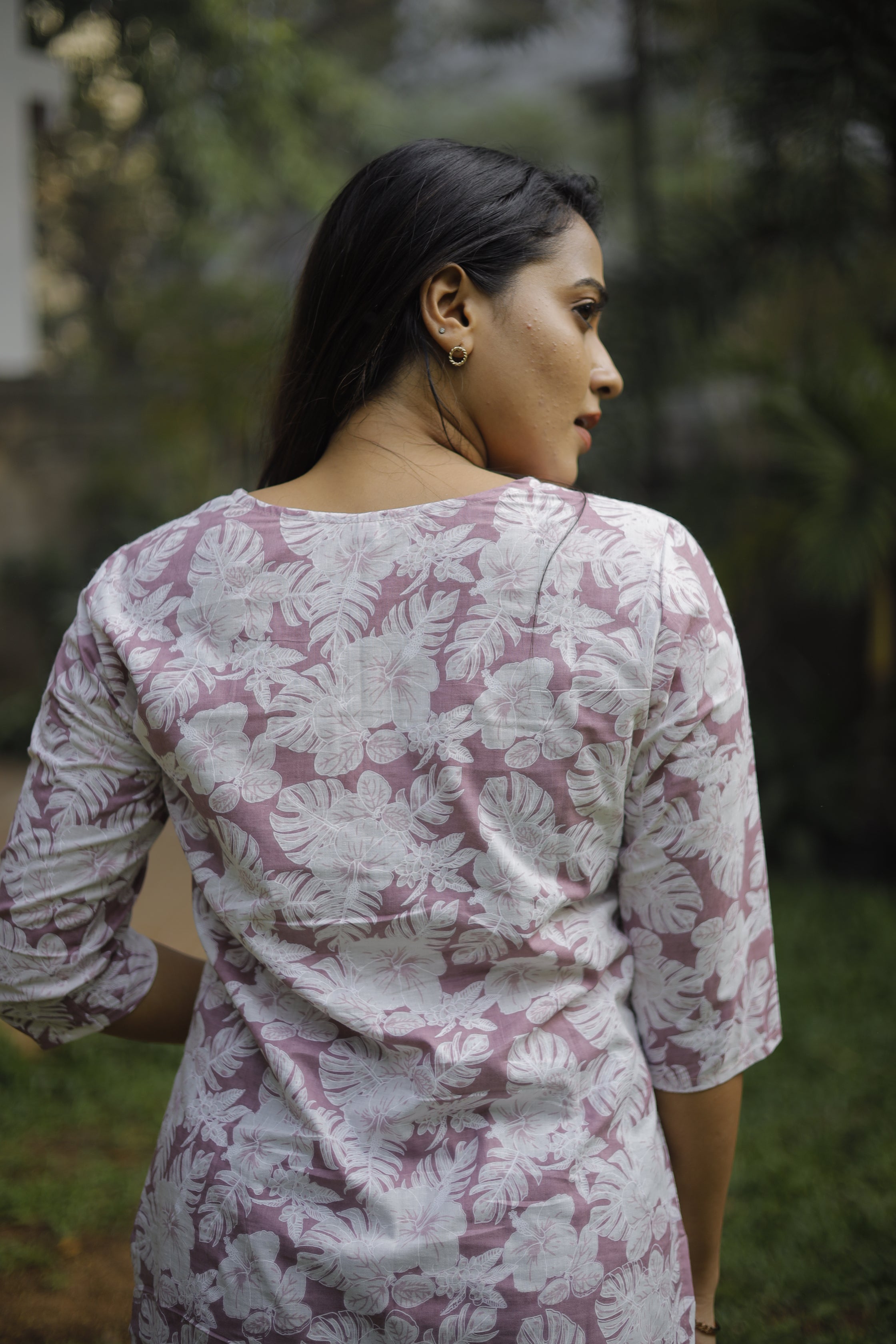 Foral leaf printed cotton kurti in purple and white