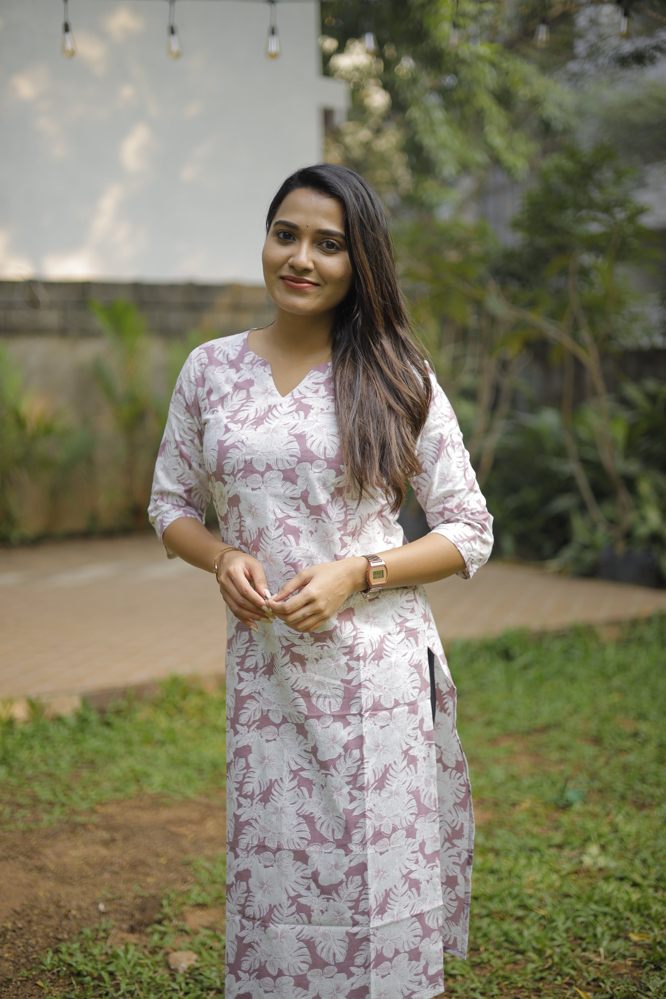 Foral leaf printed cotton kurti in purple and white