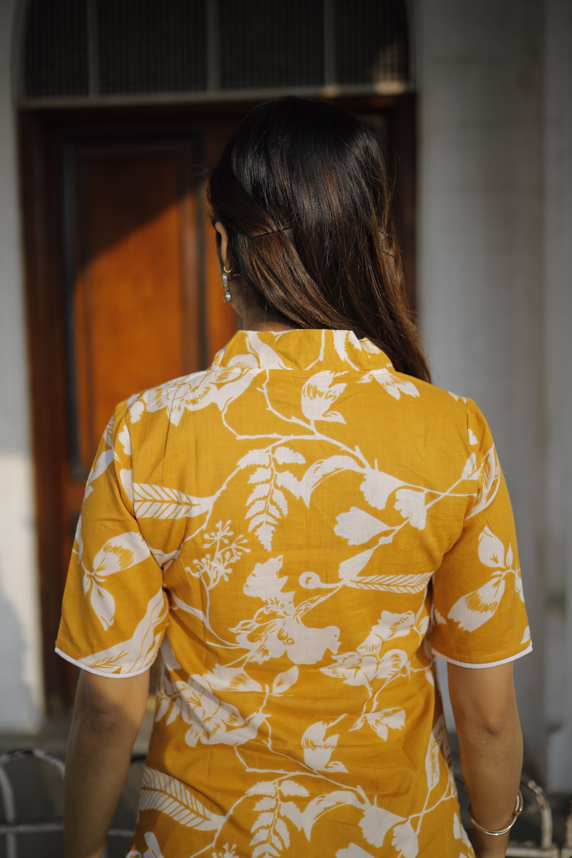mustard yellow floral organic cotton high low kurta set