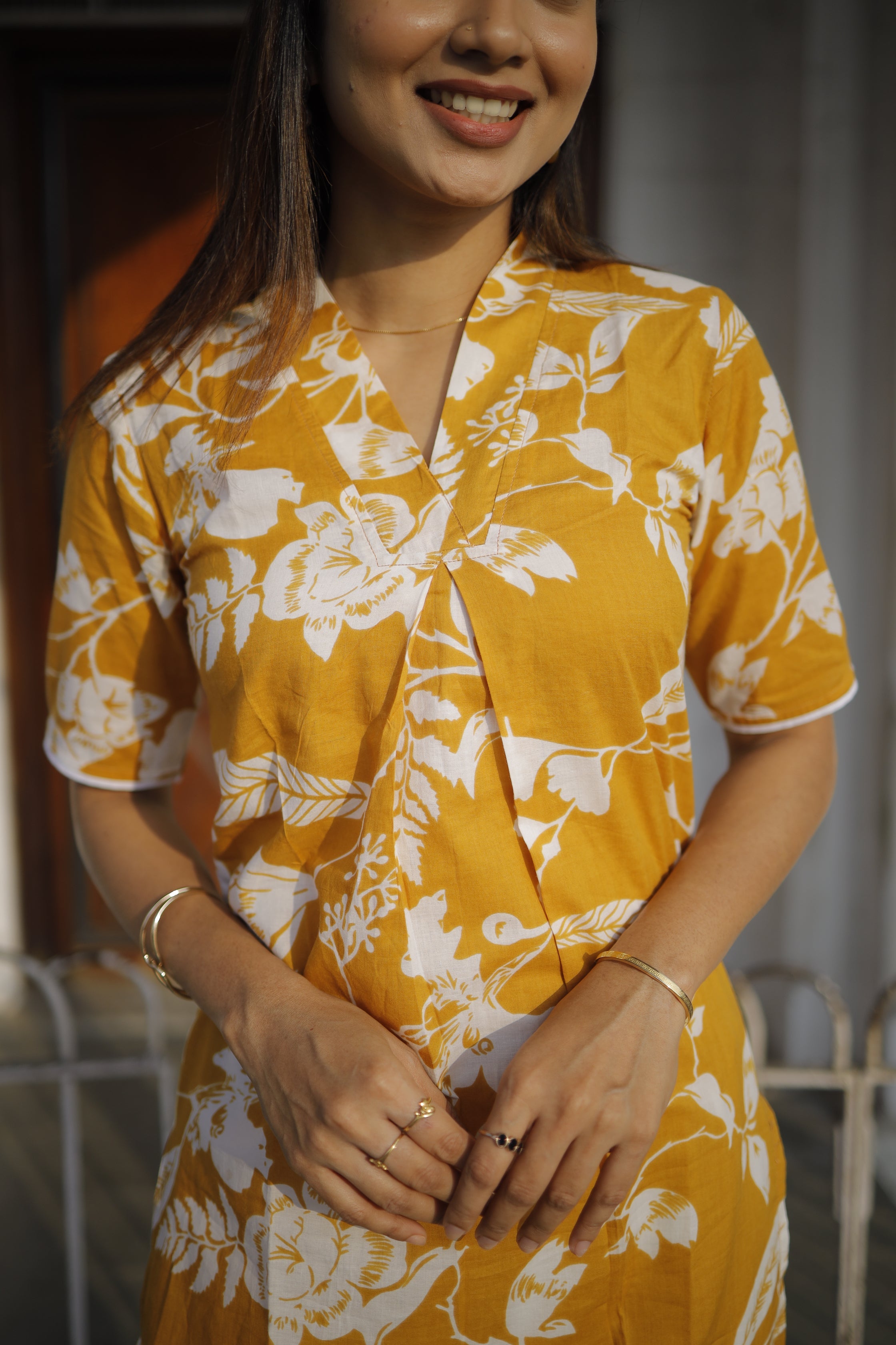 mustard yellow floral organic cotton high low kurta set