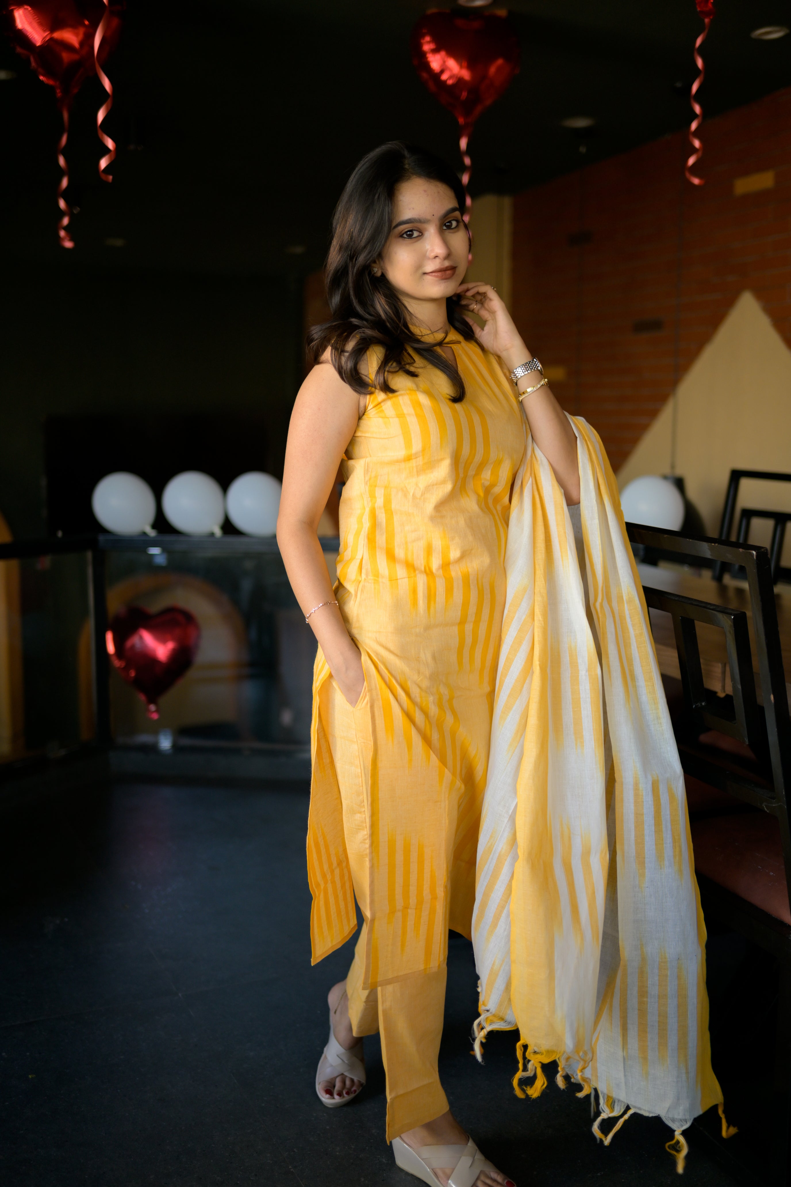 handloom cotton suit set with dupatta in yellow colour