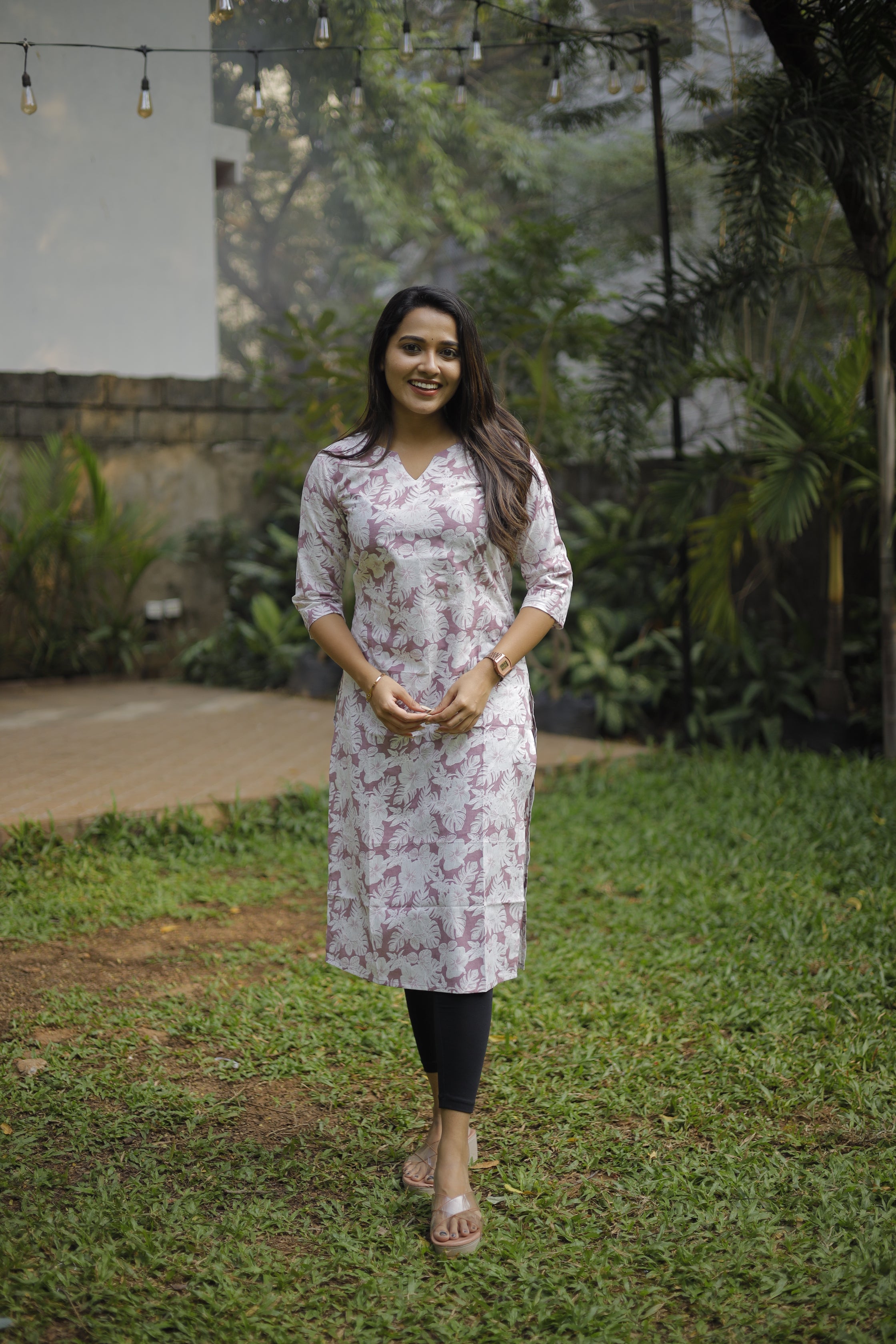 Foral leaf printed cotton kurti in purple and white