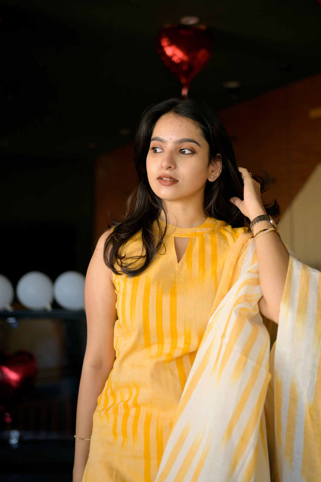 handloom cotton suit set with dupatta in yellow colour