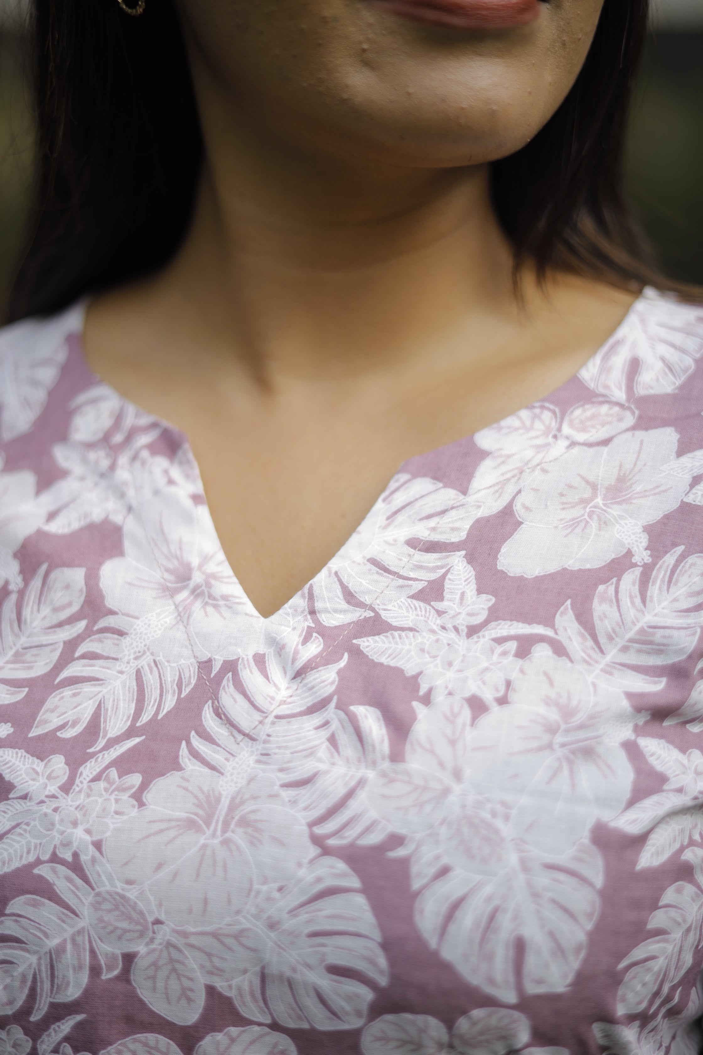 Foral leaf printed cotton kurti in purple and white