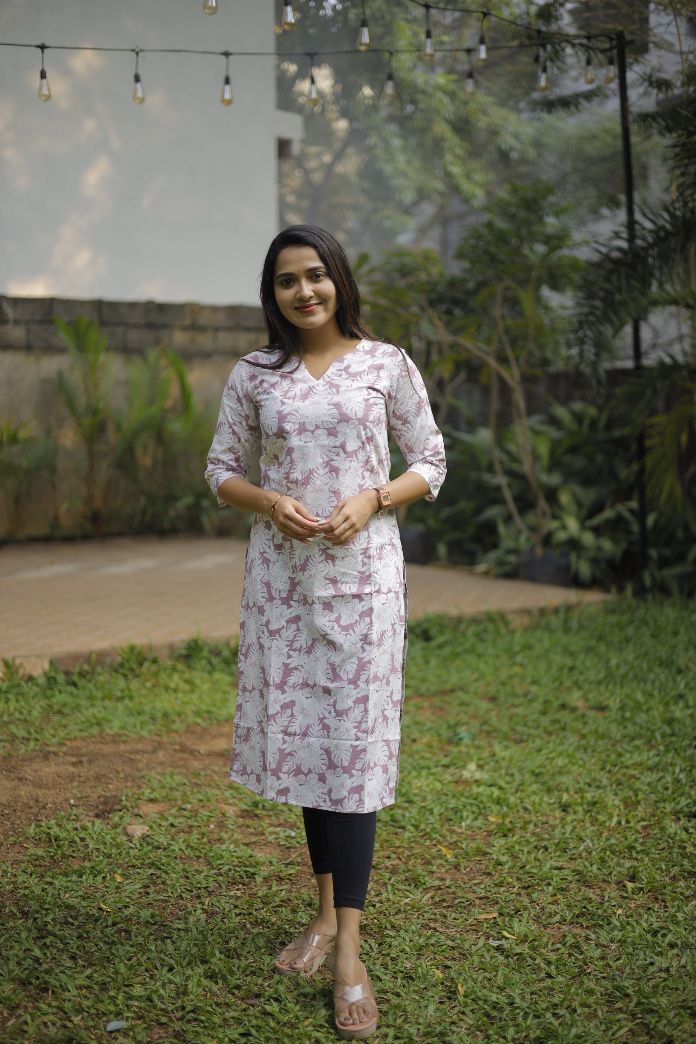 Foral leaf printed cotton kurti in purple and white