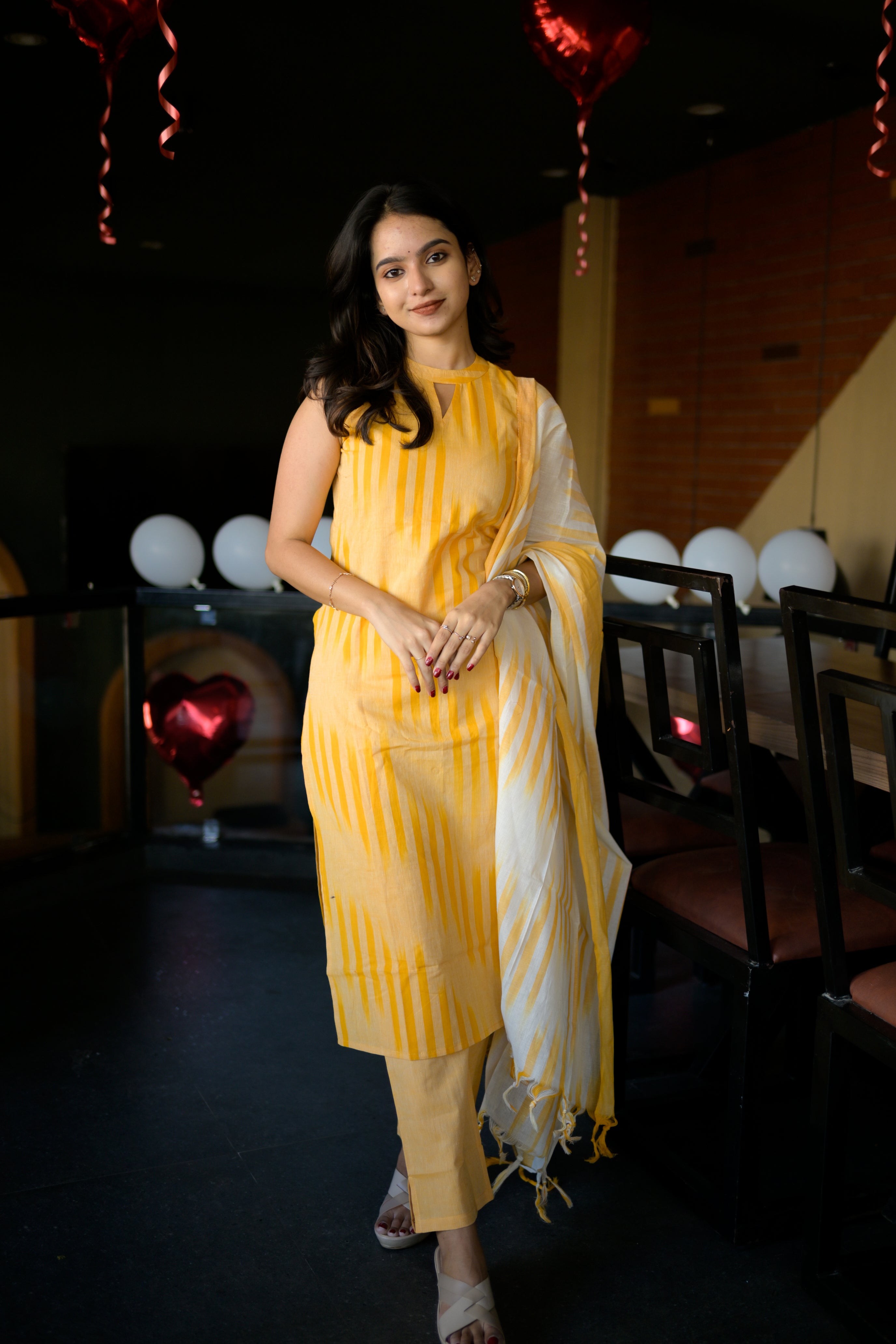 handloom cotton suit set with dupatta in yellow colour