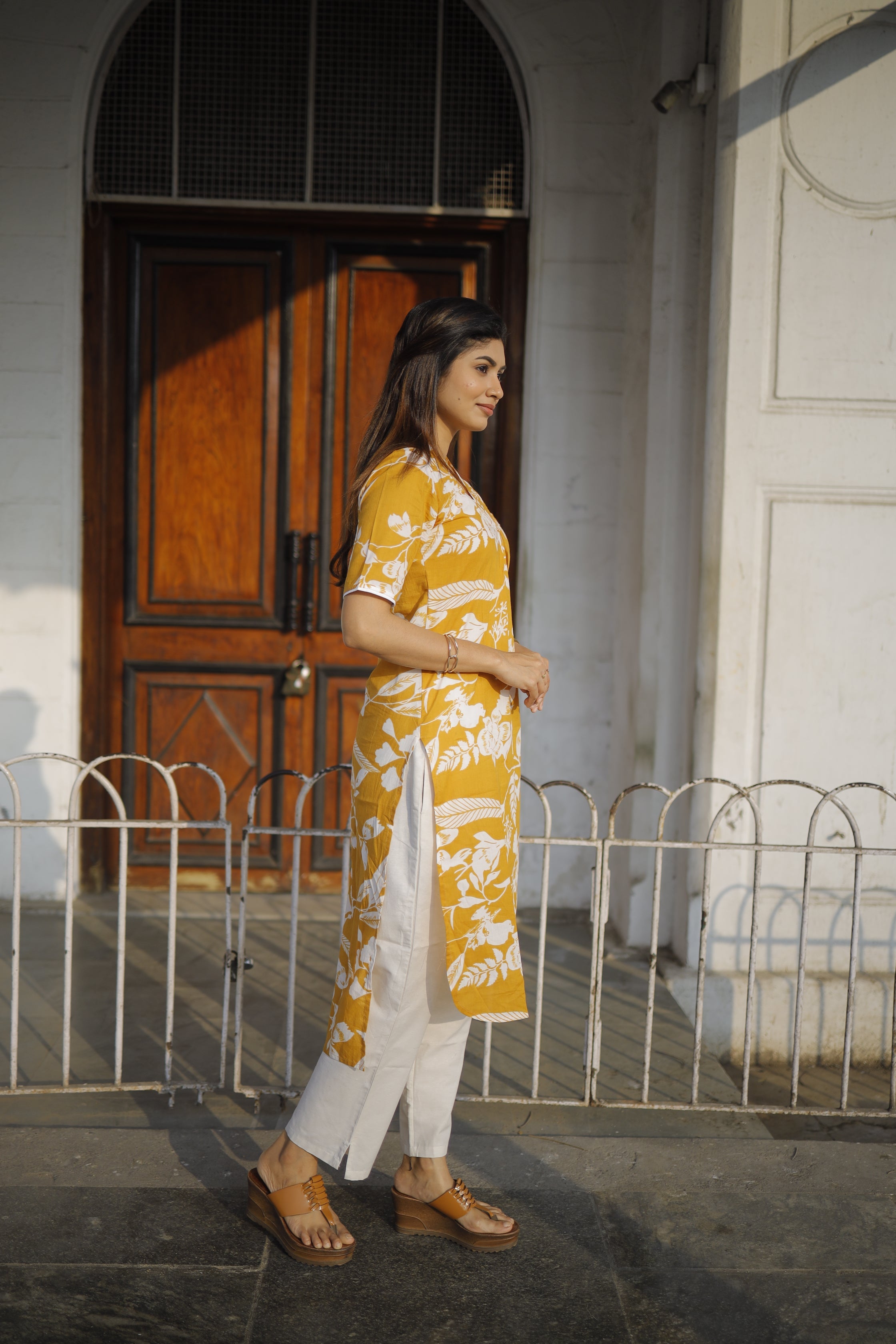 mustard yellow floral organic cotton high low kurta set